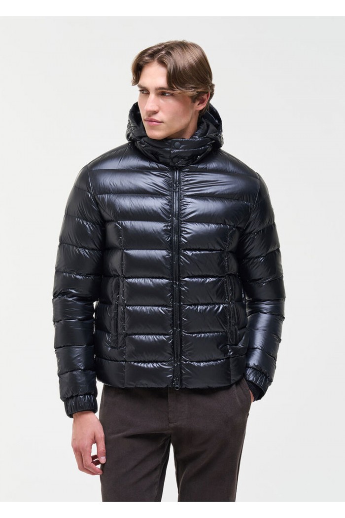 Shiny down jacket with detachable hood