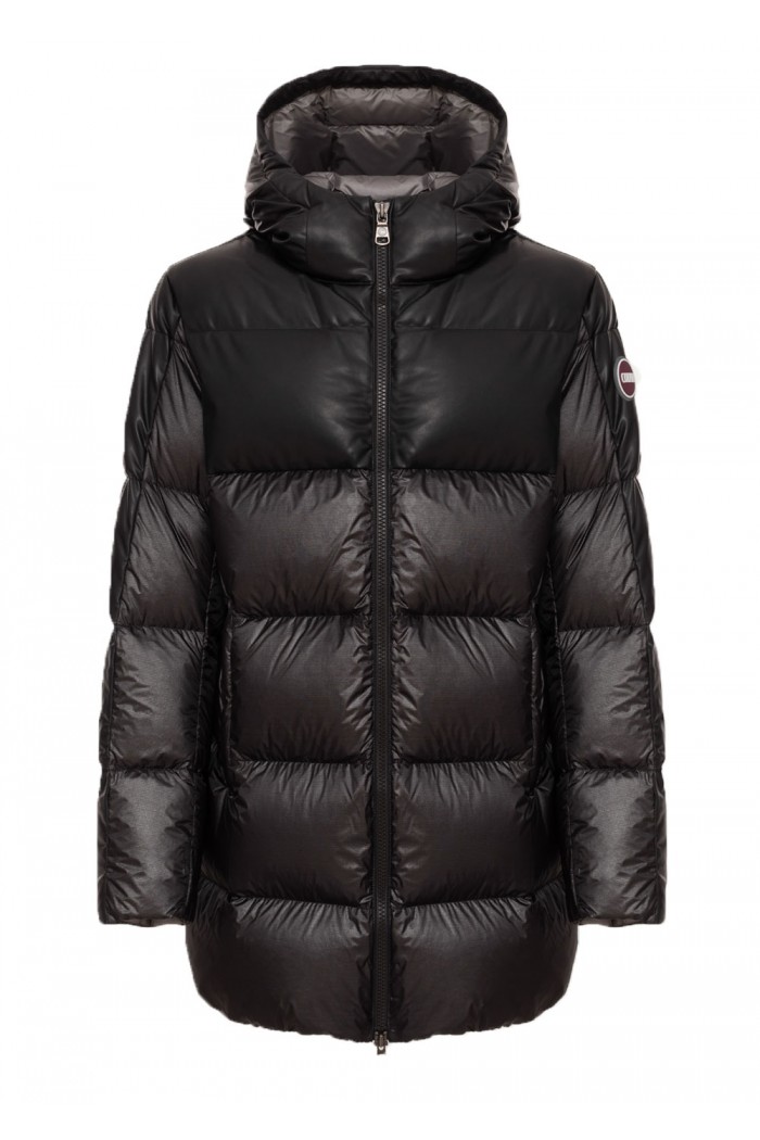 DOWN JACKET WITH FIXED HOOD IN ECO-LEATHER