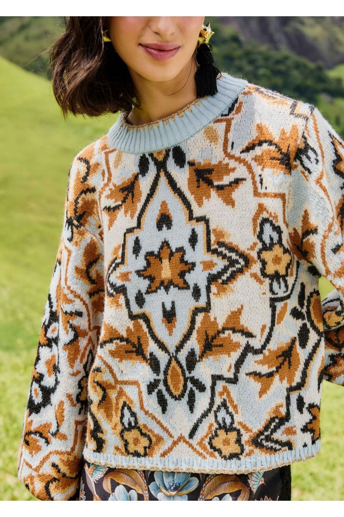 blue winter tapestry sweater