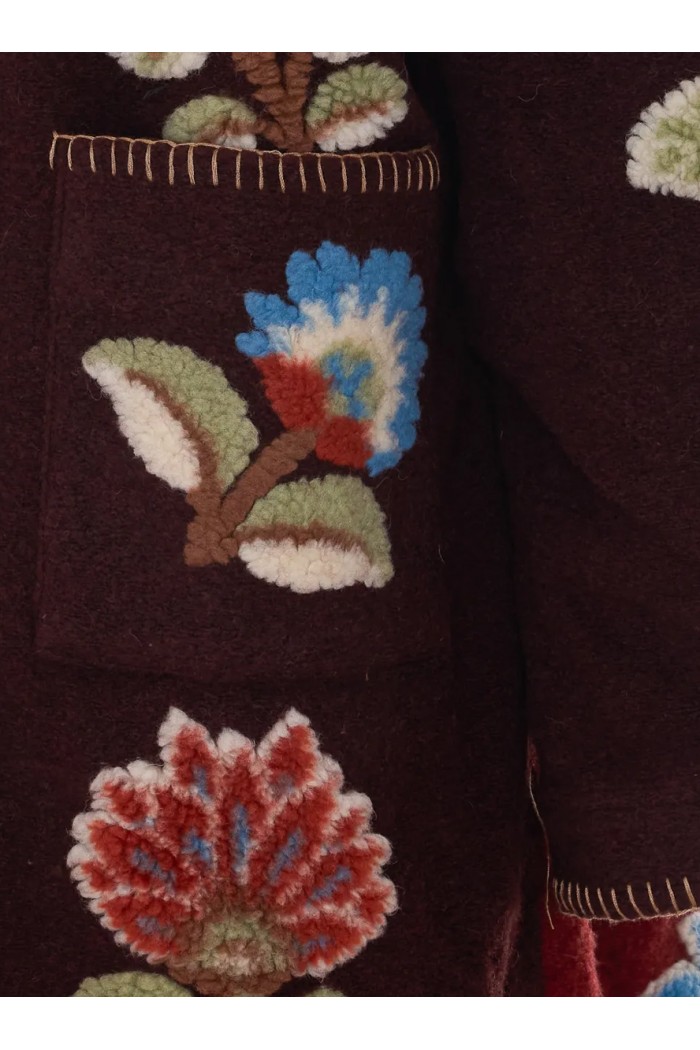 floral-embroidered fleece coat