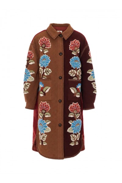 floral-embroidered fleece coat