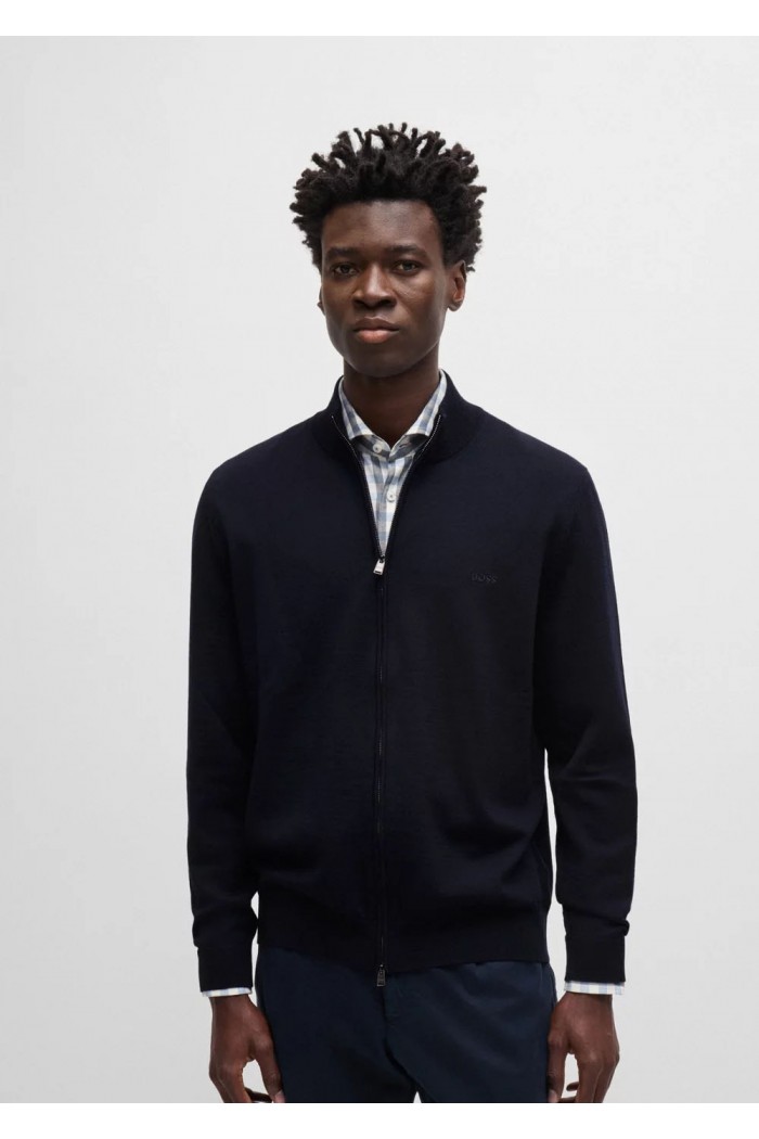 VIRGIN-WOOL REGULAR-FIT CARDIGAN WITH EMBROIDERED LOGO BLUE