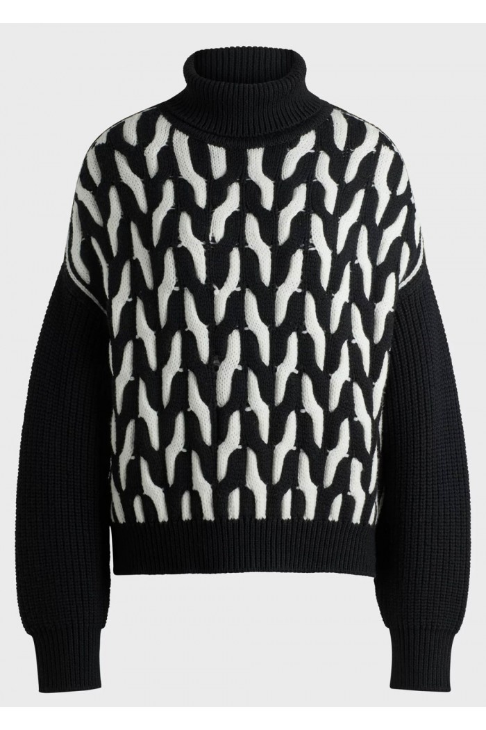 Virgin-wool sweater with two-tone cable structure