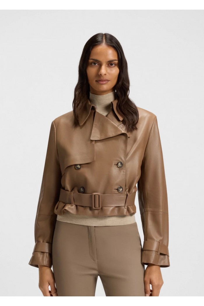 Trench-style leather jacket with tie-up belt