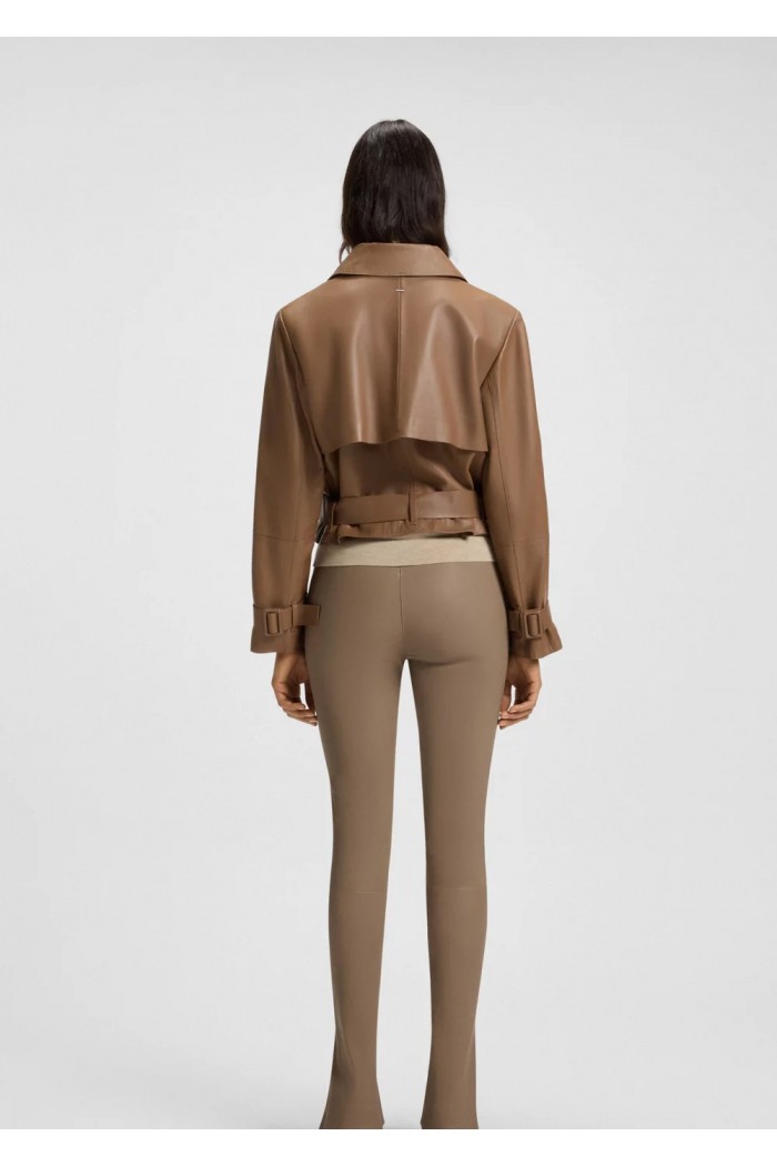 Trench-style leather jacket with tie-up belt