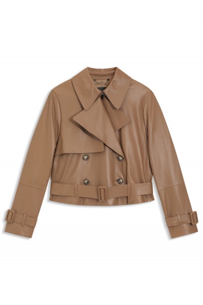 Trench-style leather jacket with tie-up belt