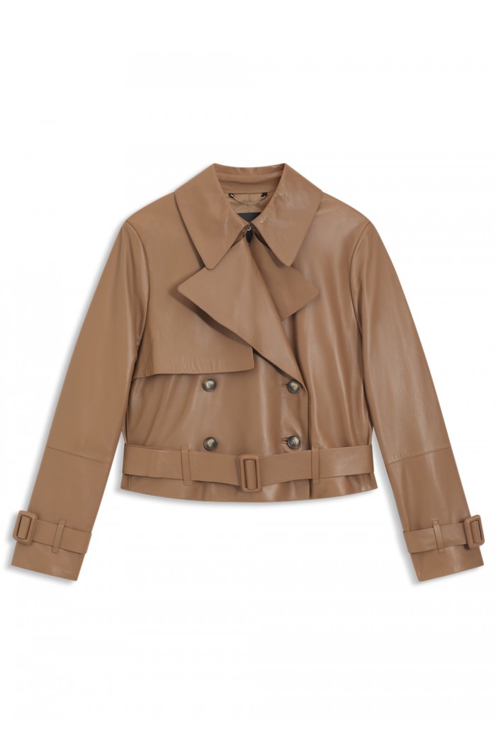 Trench-style leather jacket with tie-up belt