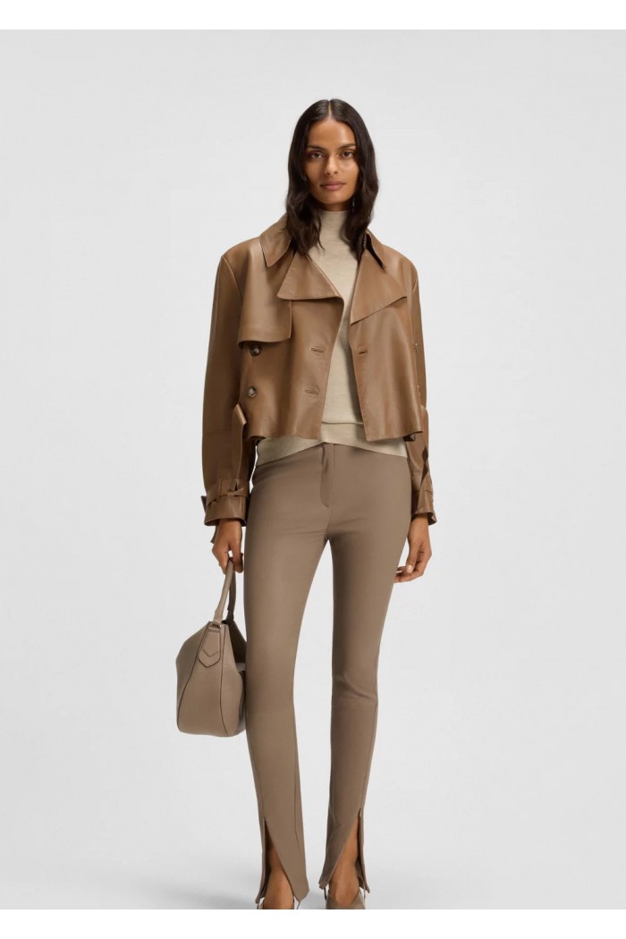 Trench-style leather jacket with tie-up belt