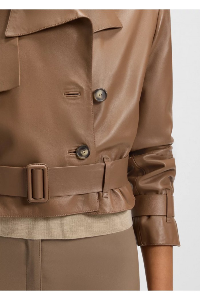 Trench-style leather jacket with tie-up belt