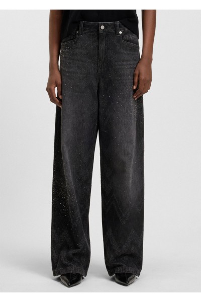 Wide-leg jeans in crystal-embellished black denim
