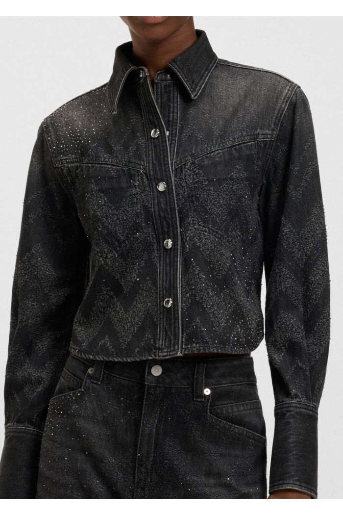 Cropped regular-fit blouse in crystal-embellished denim