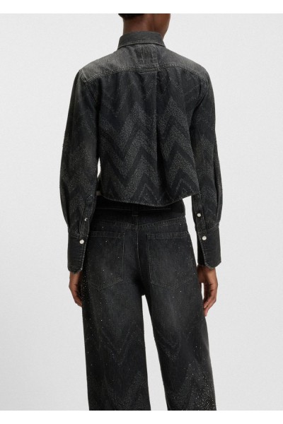 Cropped regular-fit blouse in crystal-embellished denim