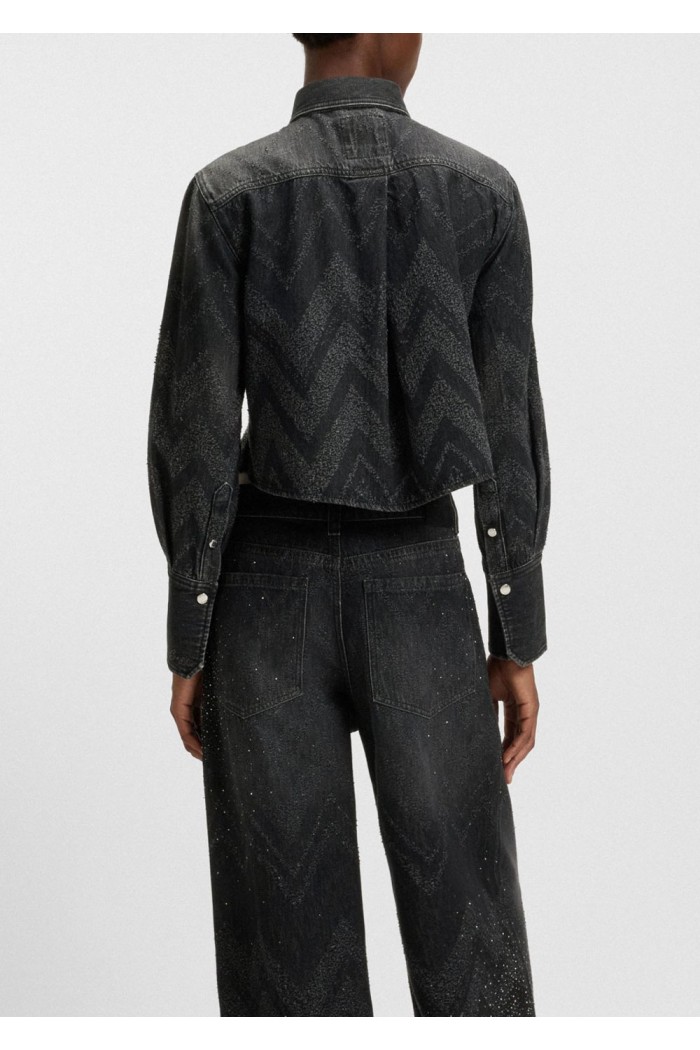 Cropped regular-fit blouse in crystal-embellished denim