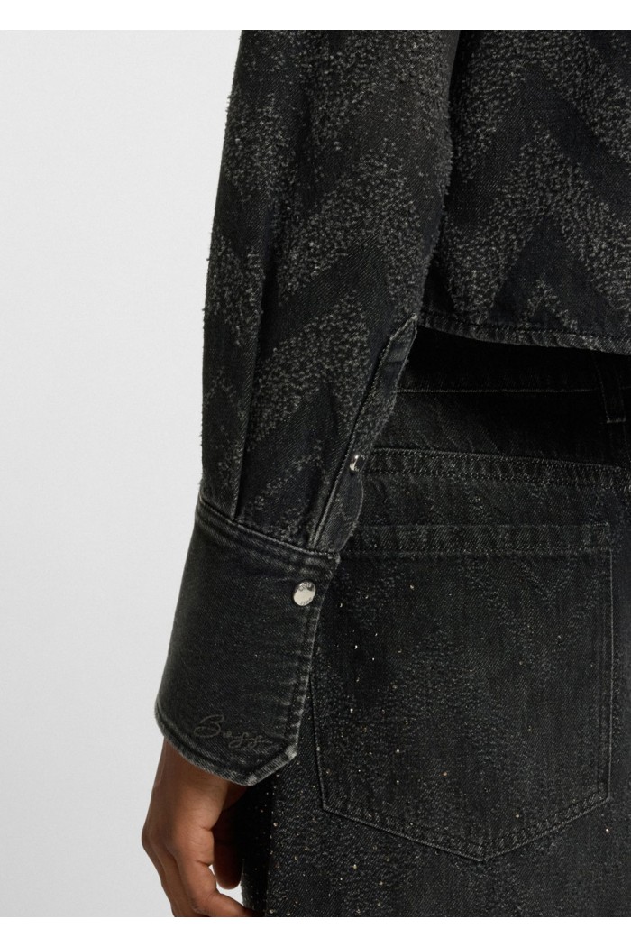 Cropped regular-fit blouse in crystal-embellished denim