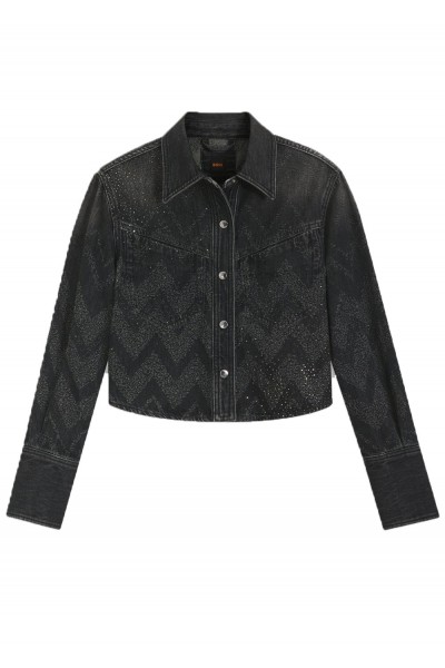 Cropped regular-fit blouse in crystal-embellished denim