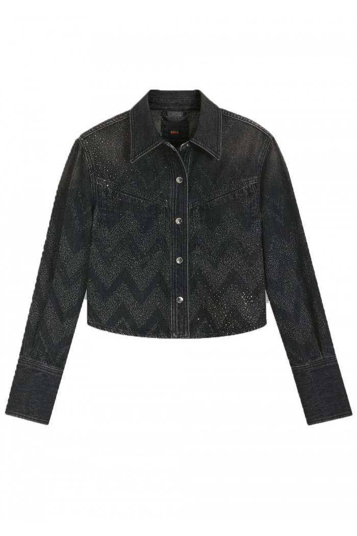 Cropped regular-fit blouse in crystal-embellished denim