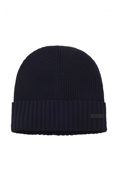 Rib-knit virgin-wool beanie with logo plaque