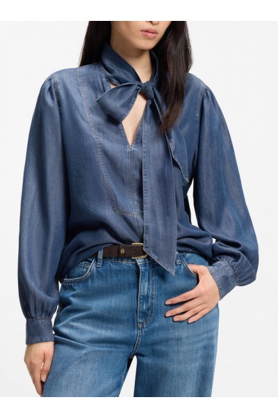 Denim-look blouse with scarf detail