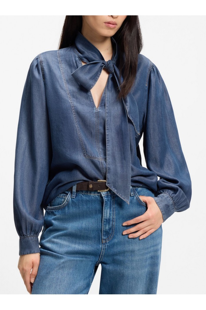 Denim-look blouse with scarf detail Denim-look blouse with scarf detail