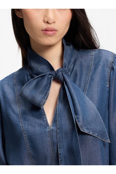 Denim-look blouse with scarf detail