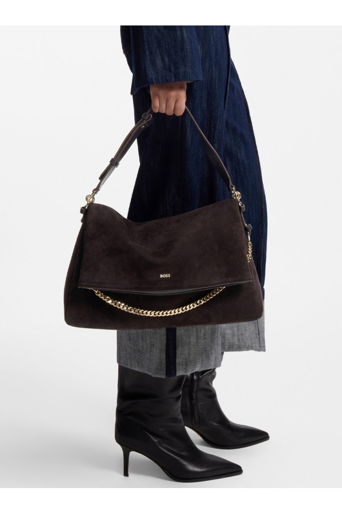 Faux-suede shoulder bag with fold-over design Faux-suede shoulder bag with fold-over design