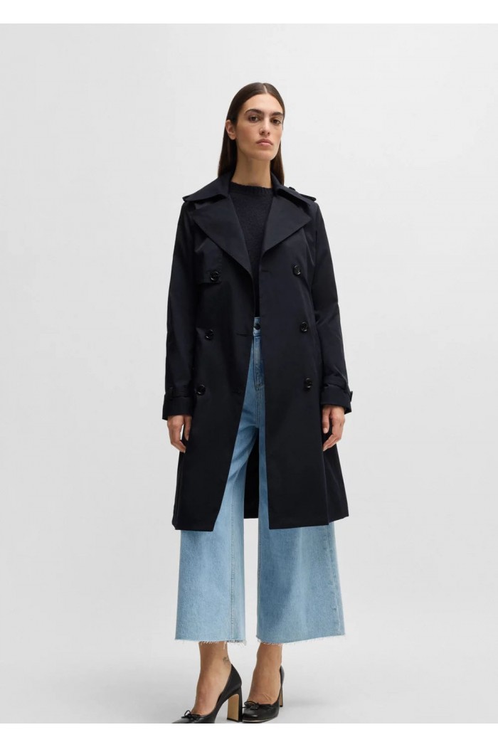 Double-breasted trench coat with buckled belt