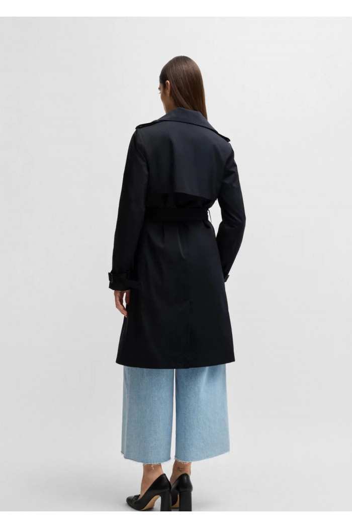 Double-breasted trench coat with buckled belt