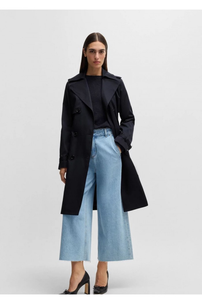 Double-breasted trench coat with buckled belt