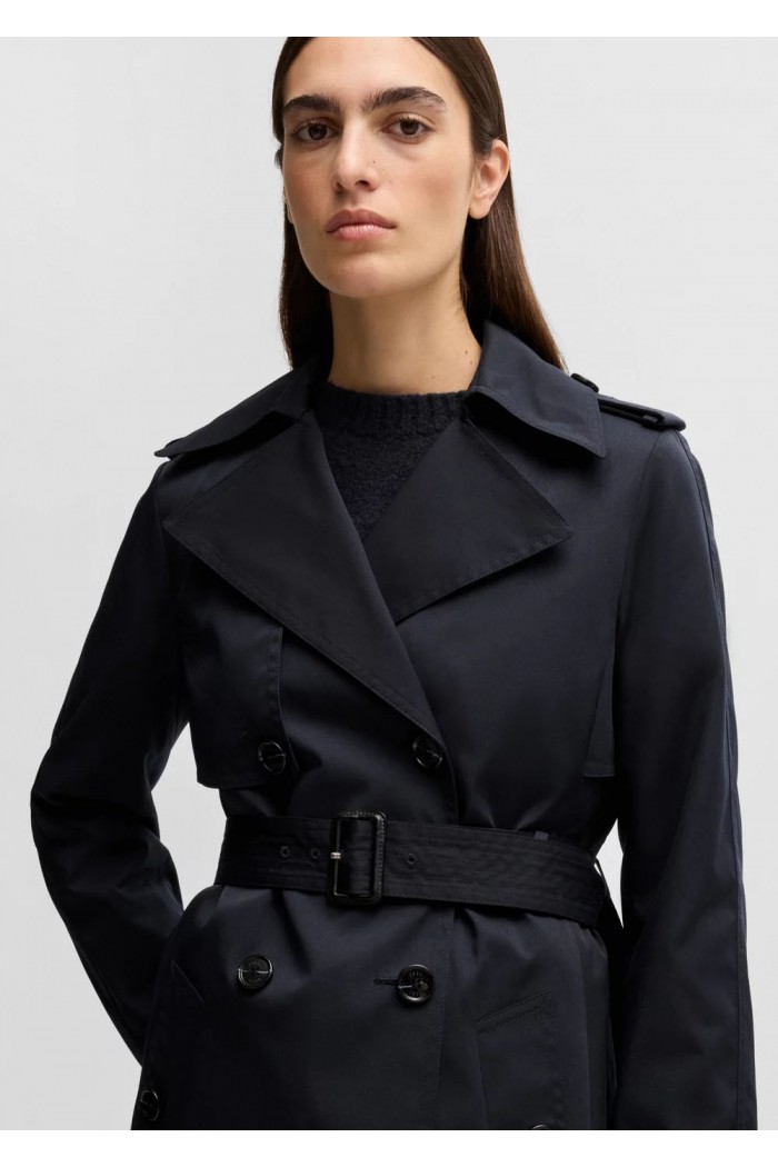 Double-breasted trench coat with buckled belt