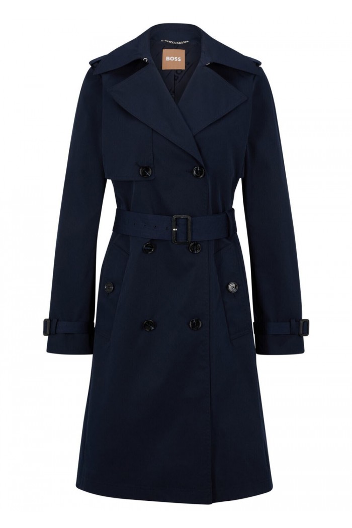 Double-breasted trench coat with buckled belt