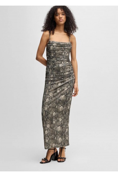 Corset-bodice dress with gathered mesh overlay Corset-bodice dress with gathered mesh overlay