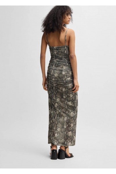 Corset-bodice dress with gathered mesh overlay