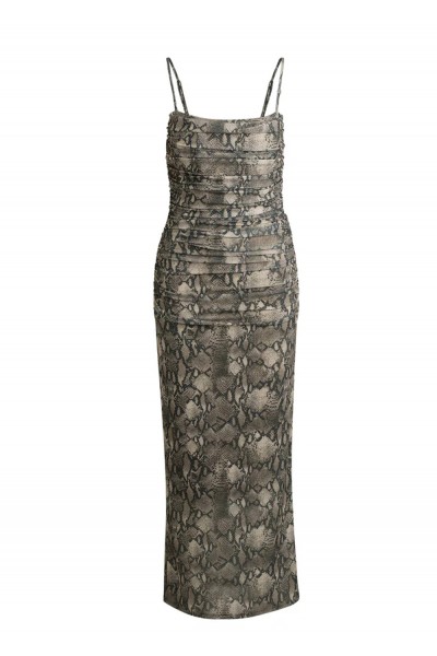 Corset-bodice dress with gathered mesh overlay