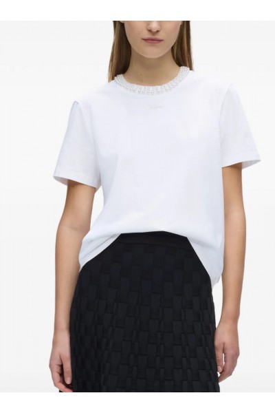Faux-pearl neck T-shirt