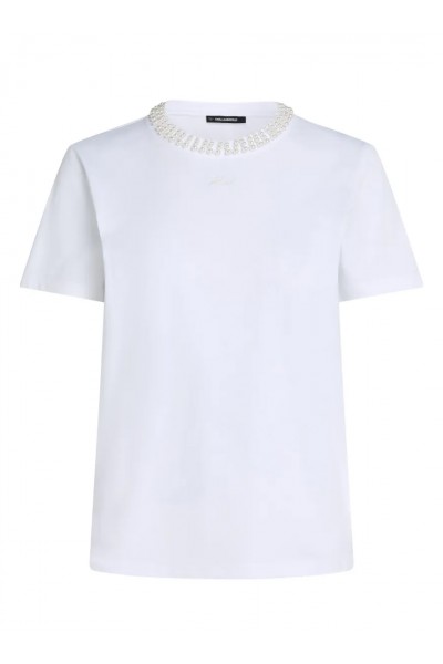 Faux-pearl neck T-shirt