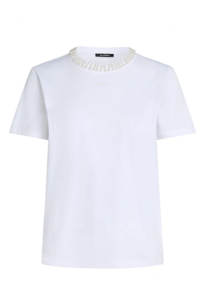Faux-pearl neck T-shirt
