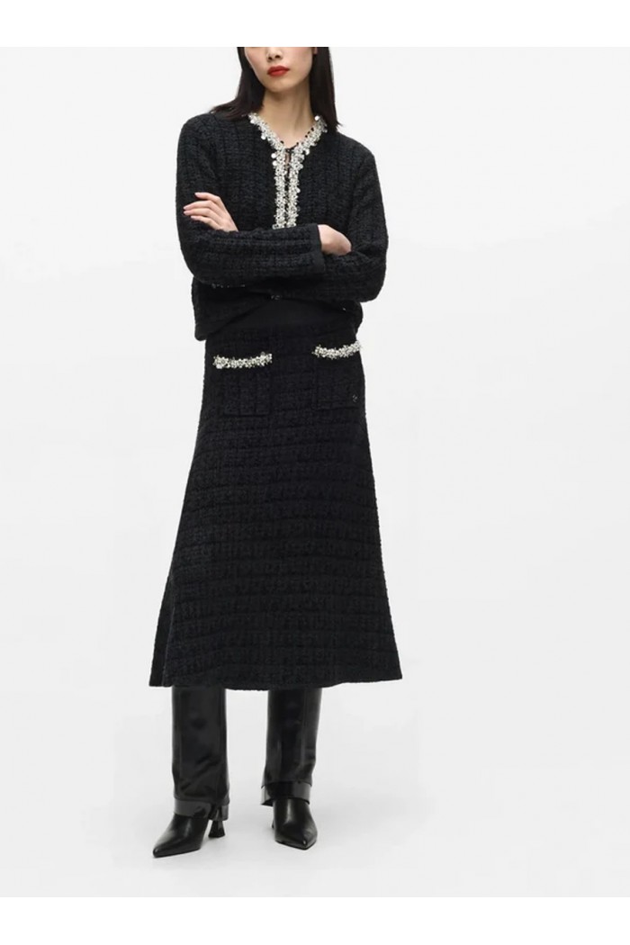 Faux-pearl midi knitted skirt