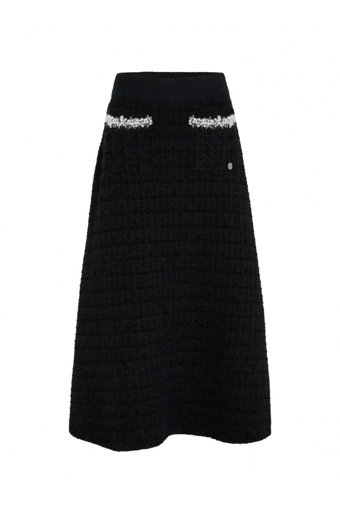 Faux-pearl midi knitted skirt