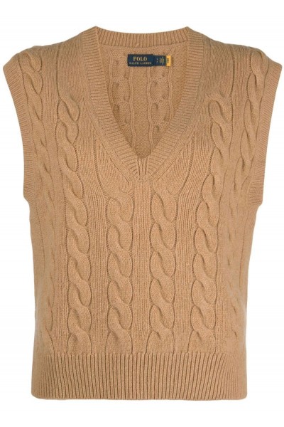 CABLE KNIT SLEEVLESS JUMPER CAMEL