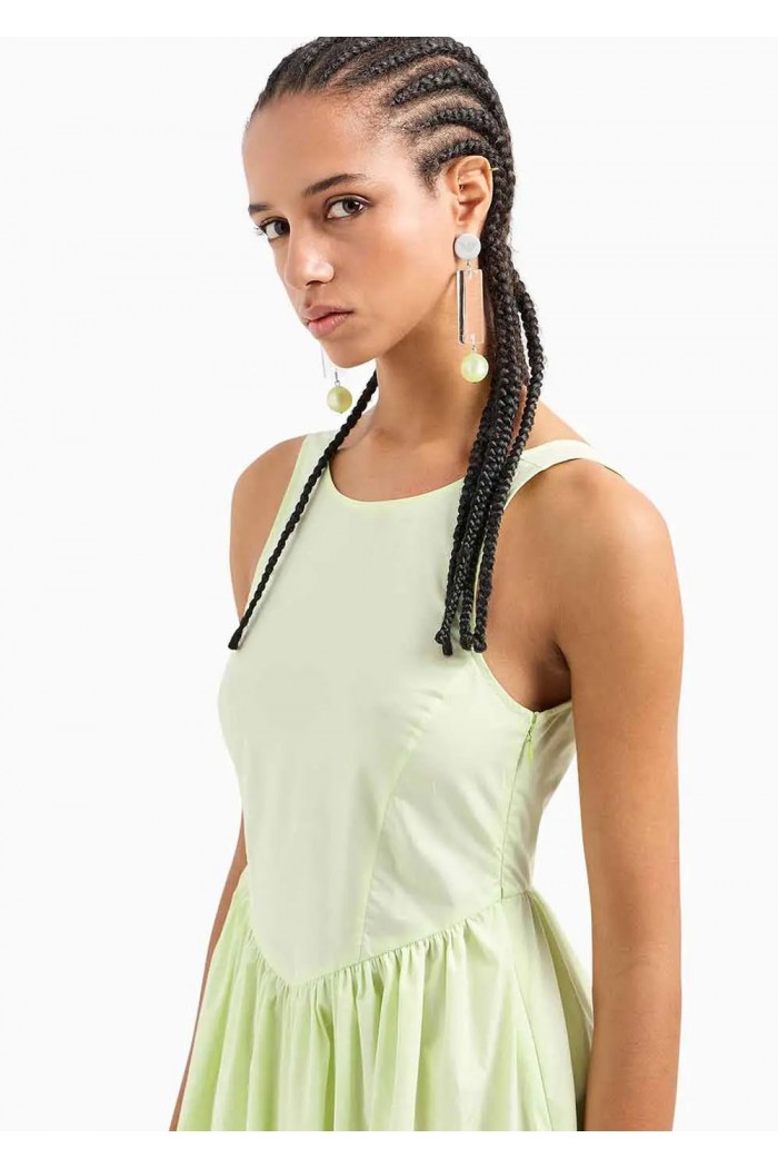 LONG, FULL-SKIRTED POPLIN DRESS WITH GATHERED WAISTt