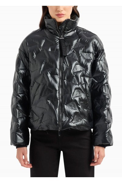 ARMANI SUSTAINABILITY VALUES WATER REPELLENT JACKET IN SHINY QUILTY NYLON WITH ALL OVER EMBOSSED EAGLES
