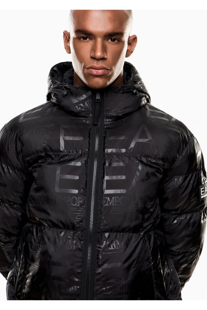 Padded hooded jacket with all-over logo print