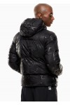 Padded hooded jacket with all-over logo print