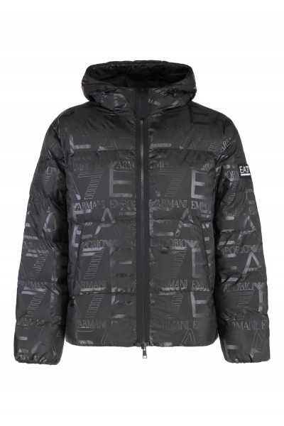 Padded hooded jacket with all-over logo print