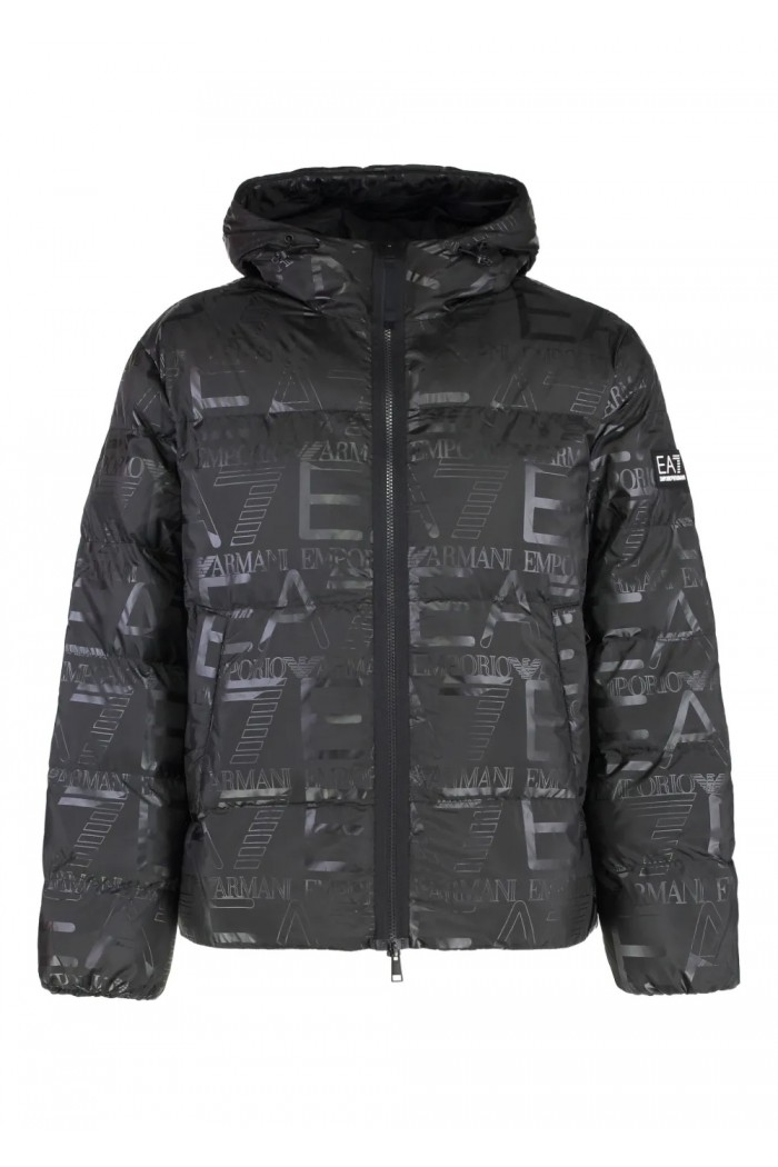 Padded hooded jacket with all-over logo print