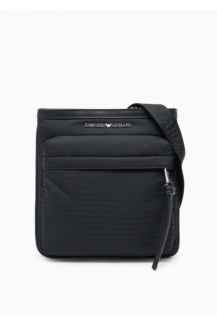 Nylon flat shoulder bag with monogram lettering