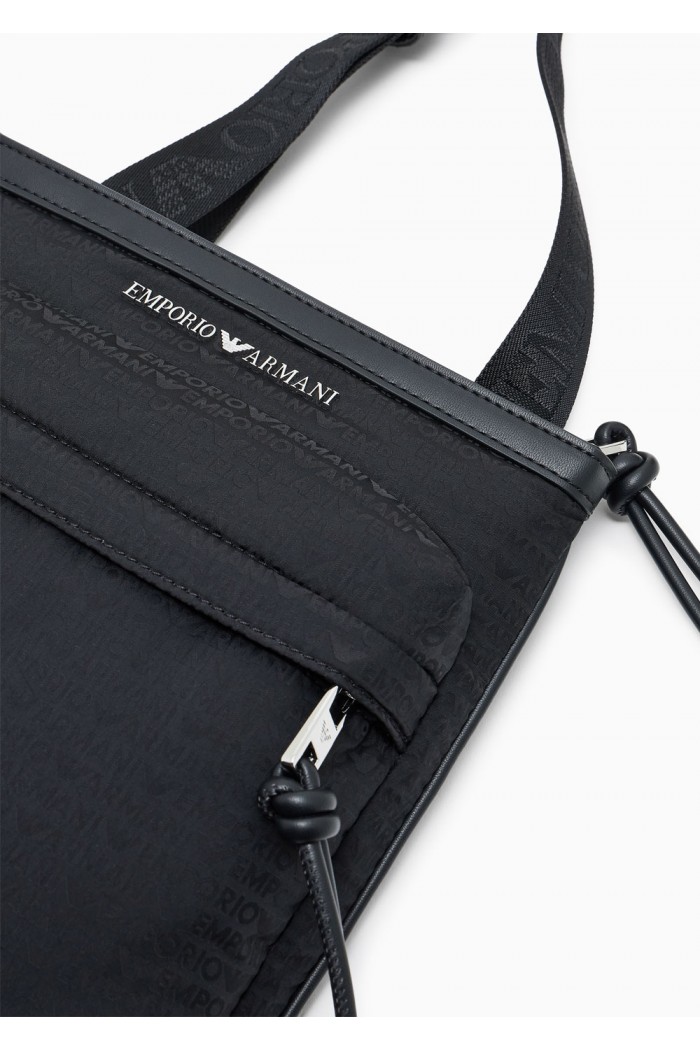 Nylon flat shoulder bag with monogram lettering