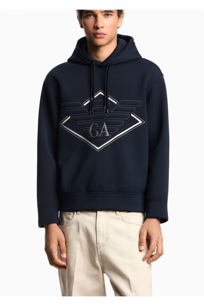 Double-jersey hooded sweatshirt with oversized eagle embroidery Double-jersey hooded sweatshirt with oversized eagle embroidery