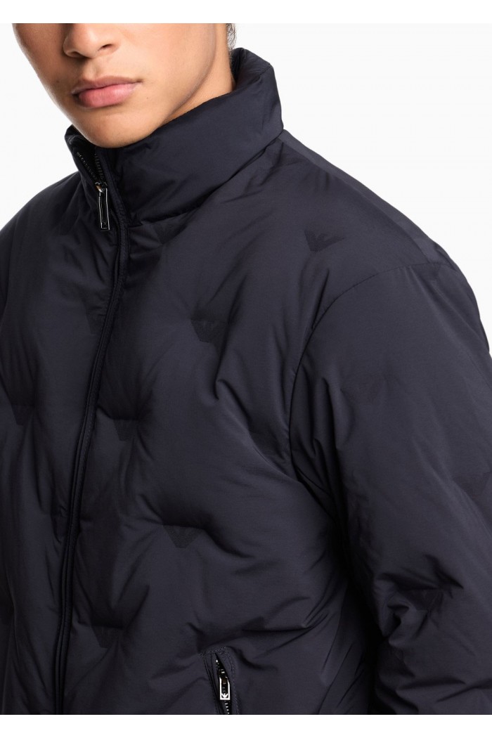 Full-zip nylon down jacket with inlaid all-over micro eagles blue