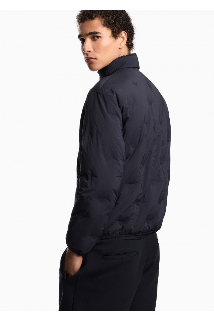 Full-zip nylon down jacket with inlaid all-over micro eagles blue